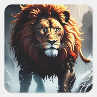 Powerful Lion Walking Over Water Square Sticker