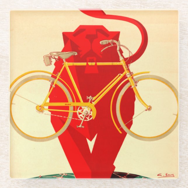 Powerful Red Lion Grips Early Bicycle in Jaw Glass Coaster (Front)