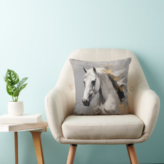 Powerful White Horse Portrait Oil Effect Throw Pillow