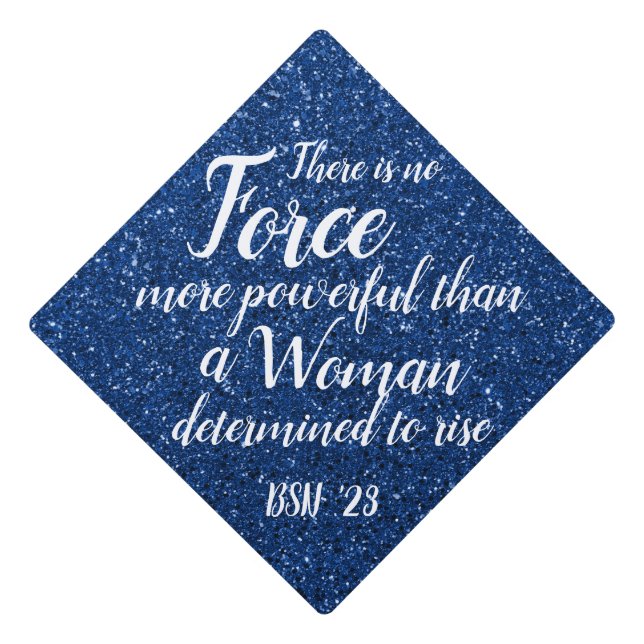 Powerful Woman | Glitter Blue Custom Class Year Graduation Cap Topper (Front)