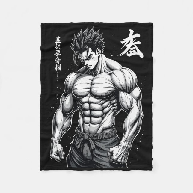 Powerlifter Japanese Anime Style Muscle Bodybuilde Fleece Blanket (Front)