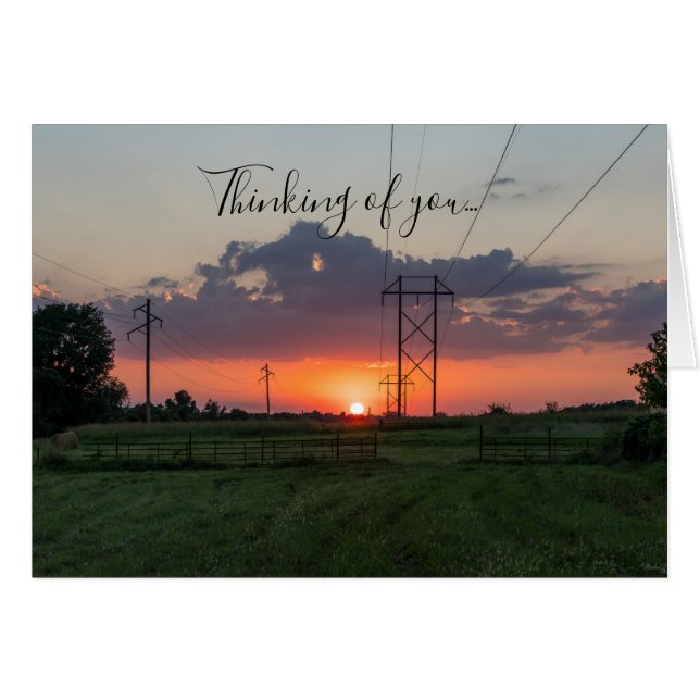 Powerline Sunset Landscape Thinking Of You Card (Front Horizontal)
