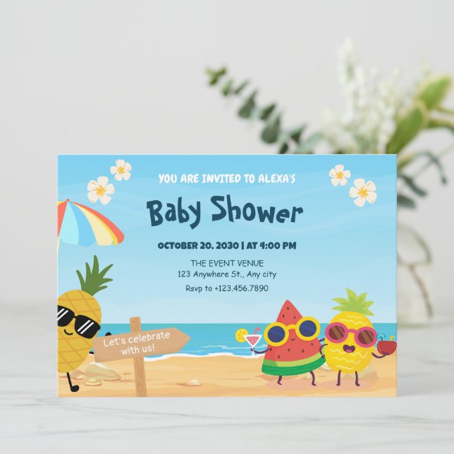 PPlayful summer beach cartoon fruit baby shower Invitation (Standing Front)
