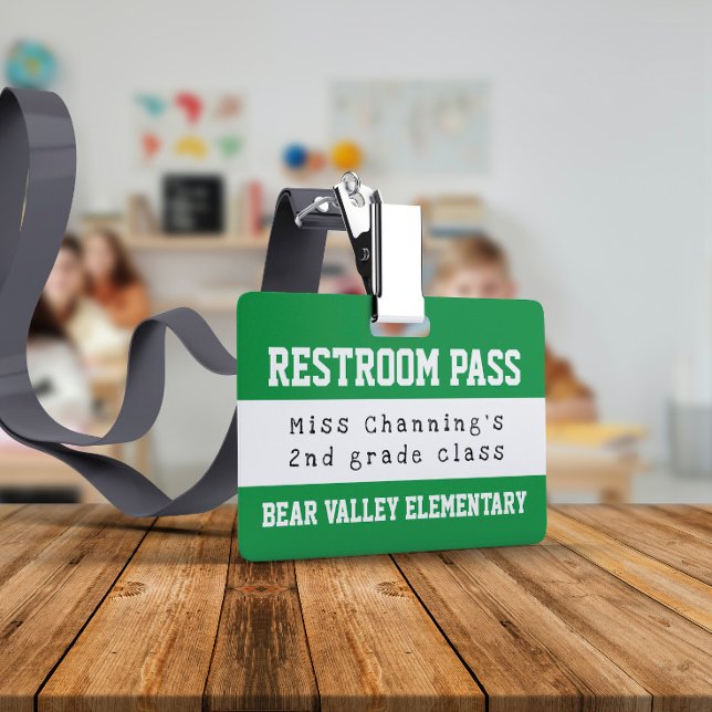 Practical Green White School Restroom Pass Badge (Creator Uploaded)