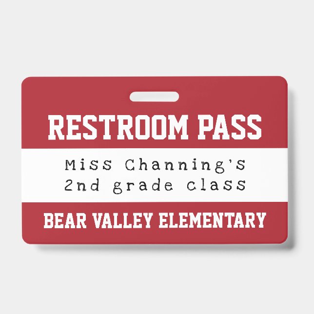 Practical Red White School Restroom Pass Badge (Front)