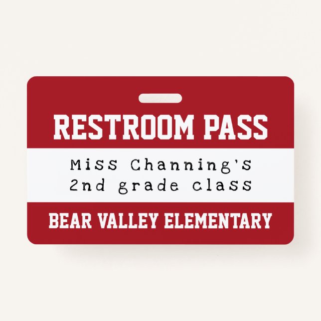 Practical Red White School Restroom Pass Badge (Front)