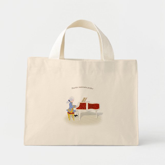 "Practice Maintains Perfect" Mozart Playing Piano Mini Tote Bag (Front)