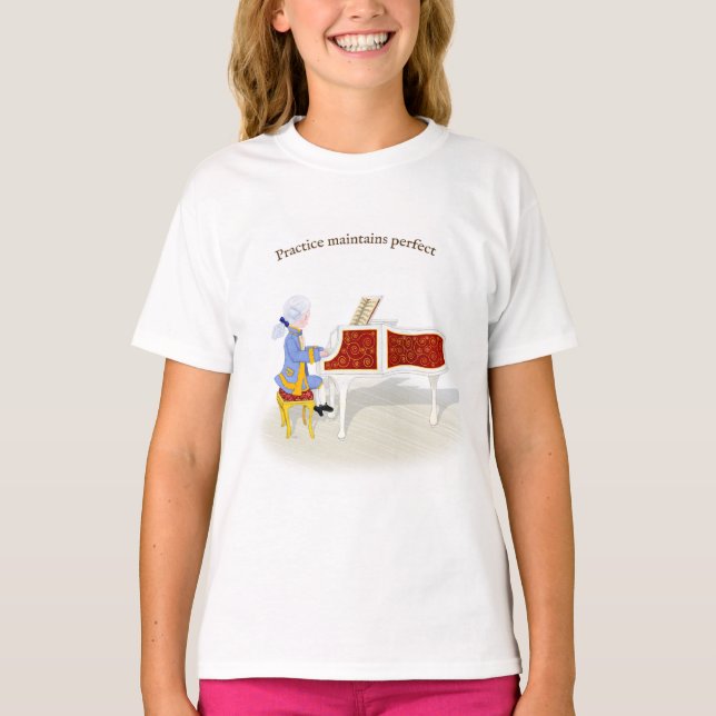 "Practice Maintains Perfect" Mozart Playing Piano T-Shirt (Front)