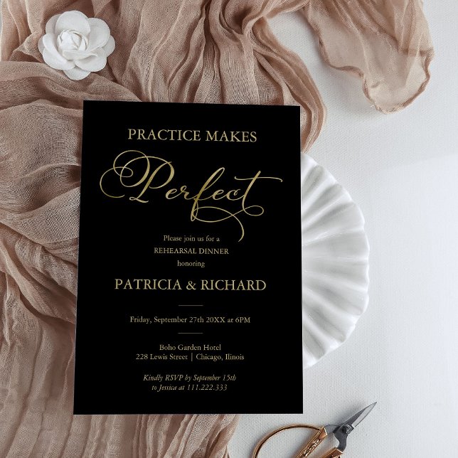 Practice Makes Perfect Gold Black Rehearsal Dinner Invitation (Creator Uploaded)