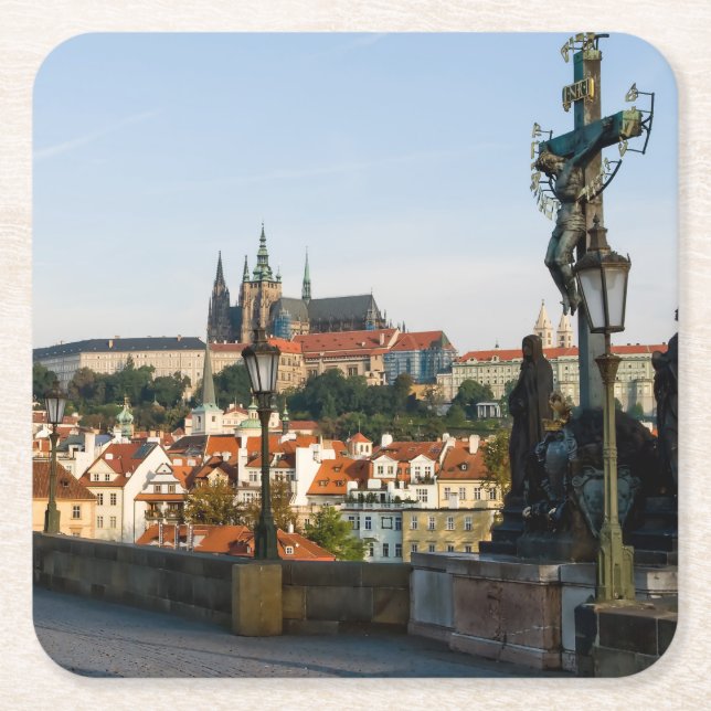 Prague Castle view from Charles bridge, Czech R. Square Paper Coaster (Front)