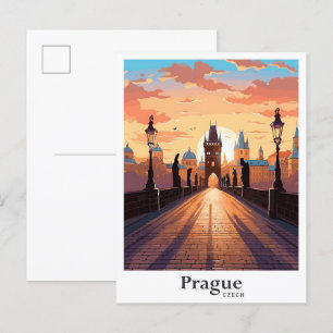 Prague Czech Art Vintage Travel Illustration Postcard