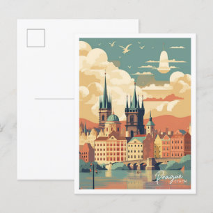 Prague Czech Art Vintage Travel Illustration Postcard