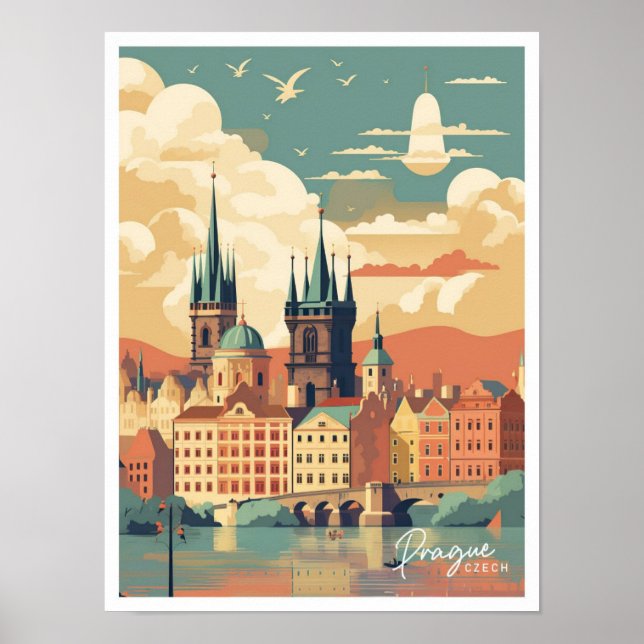 Prague Czech Art Vintage Travel Illustration Poster (Front)