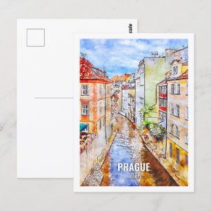 Prague Czech Famous Travel Place Watercolor Postcard