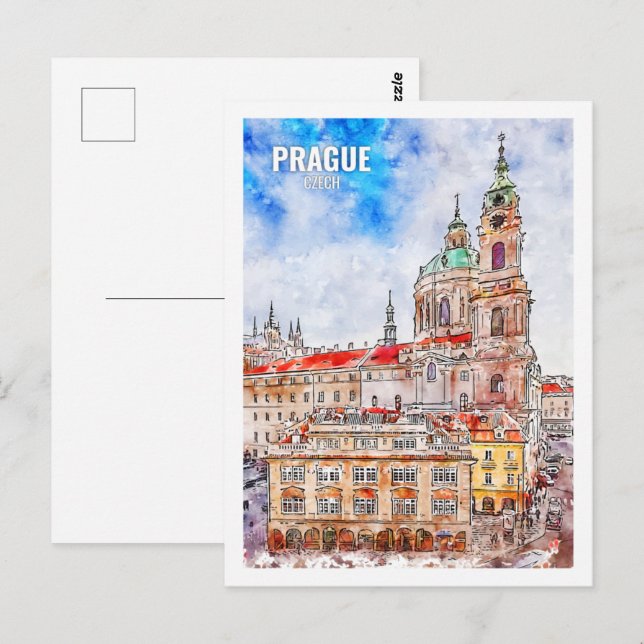 Prague Czech Famous Travel Watercolor Postcard (Front/Back)