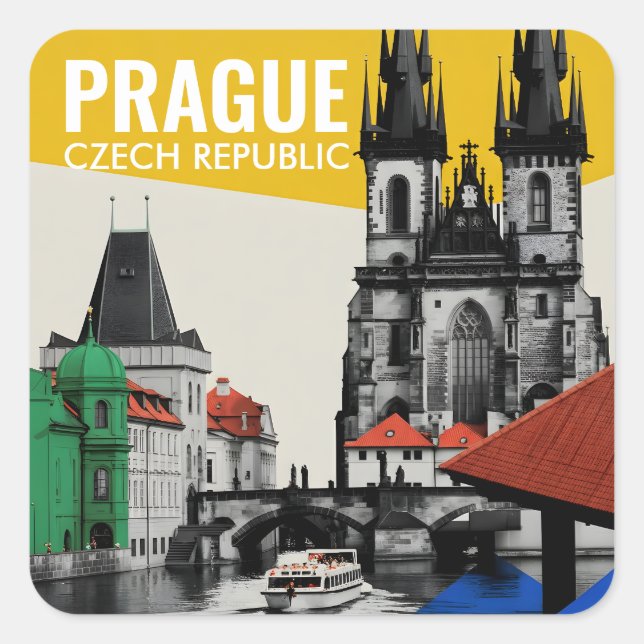 Prague Czech Republic Old Town Skyline Collage Square Sticker (Front)
