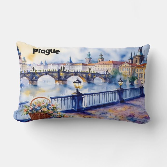 Prague - Czech Republic Watercolor Sketch | Lumbar Pillow (Front)