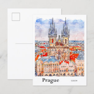 Prague Czech Travel Watercolor Hand Drawn Postcard