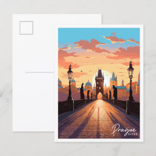 Prague Czech vintage travel illustration Postcard