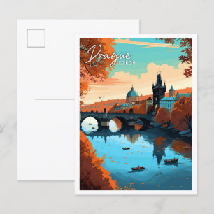 Prague Czech vintage travel illustration Postcard