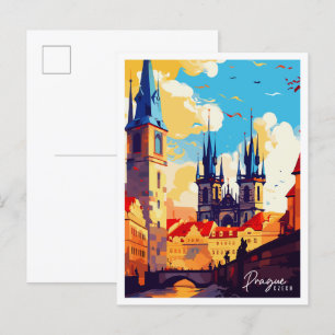 Prague Czech vintage travel illustration Postcard