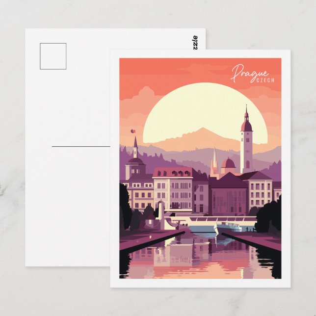 Prague Czech vintage travel place illustration Postcard (Front/Back)