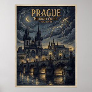  Prague Midnight Gothic Travel Poster, Dark Czech  Poster