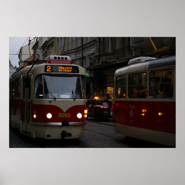Prague Trams: Dusk on the Cobblestones Poster (Front)