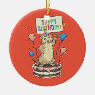 prairie dog standing on cake happy & birthday sign ceramic ornament