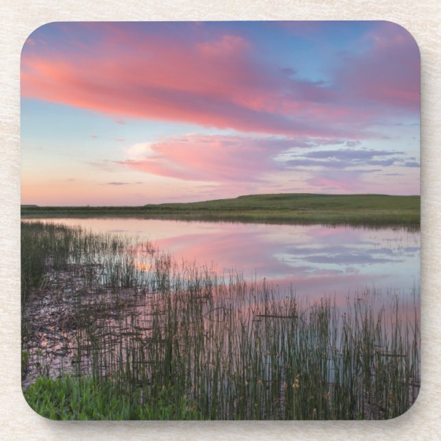 Prairie Pond Reflects Brilliant Sunrise Clouds Coaster (Front)
