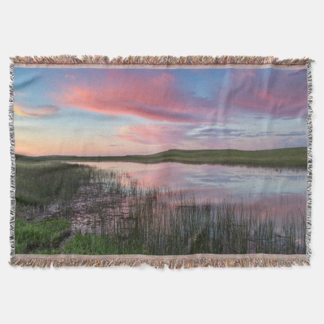 Prairie Pond Reflects Brilliant Sunrise Clouds Throw Blanket (Front)