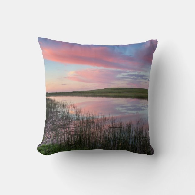 Prairie Pond Reflects Brilliant Sunrise Clouds Throw Pillow (Front)