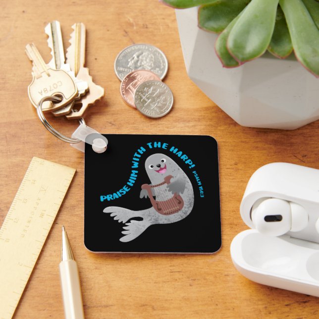 Praise cute harp seal scripture bible verse psalm keychain (Desk)