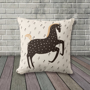 Prancing Nordic Pony on Black Pattern Throw Pillow
