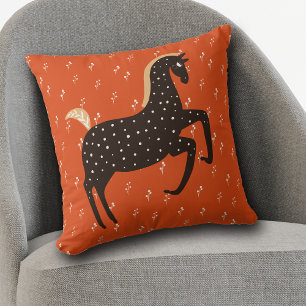 Prancing Nordic Pony on Red Pattern Throw Pillow