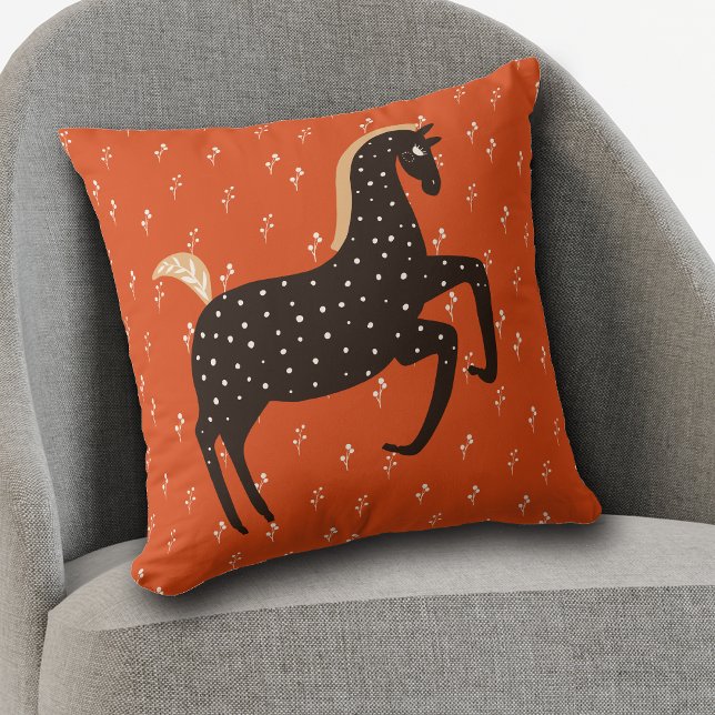 Prancing Nordic Pony on Red Pattern Throw Pillow (Creator Uploaded)
