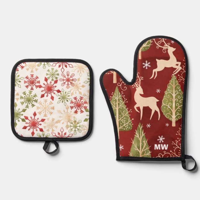 Prancing Reindeer Christmas Oven Mitt & Pot Holder Set (Front)