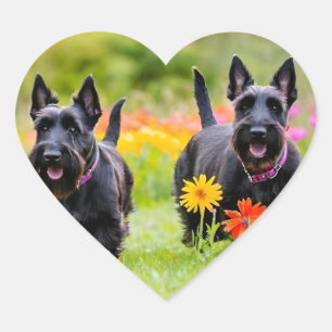 Prancing Scottish Terriers in grass and flowers Heart Sticker