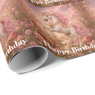 Prancing Unicorn Enchanted Meadow Happy Birthday Wrapping Paper