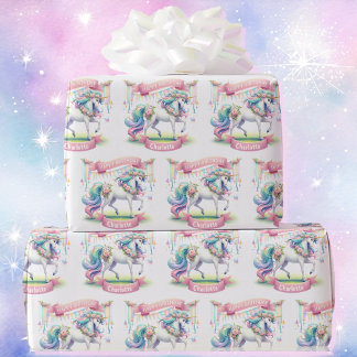 Prancing Unicorn Personalize Girl's Name Birthday Wrapping Paper
