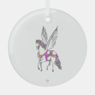 Prancing White Pegasus Vintage Carousel Horse Glass Ornament