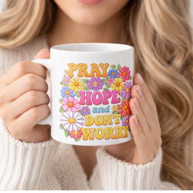 PRAY HOPE DON'T WORRY St. Padre Pio Flowers Two-Tone Coffee Mug (Creator Uploaded)