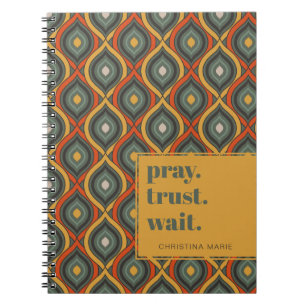 Pray Trust Wait Retro Ikat Green Gold Notebook