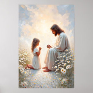 Pray With Me Jesus and Girl Painting Christian Poster