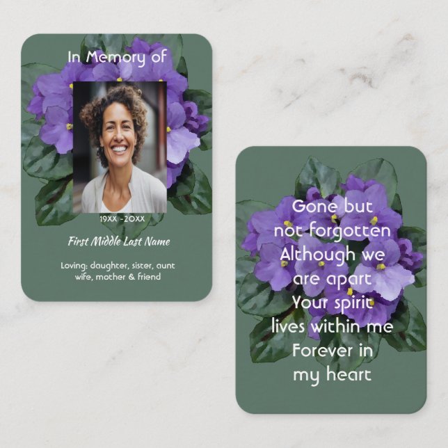 Prayer card Memorial Keepsake African Violet (Front/Back)