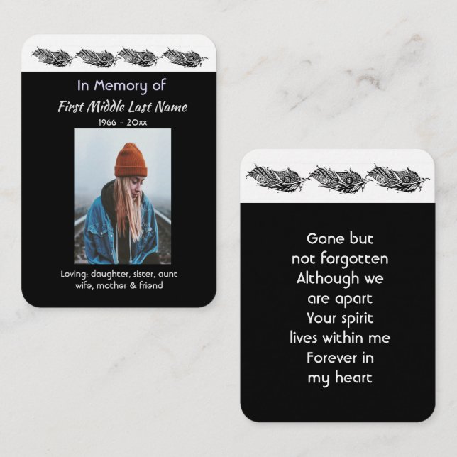 Prayer Card Memorial Keepsake Feather Tribal Boho  (Front/Back)