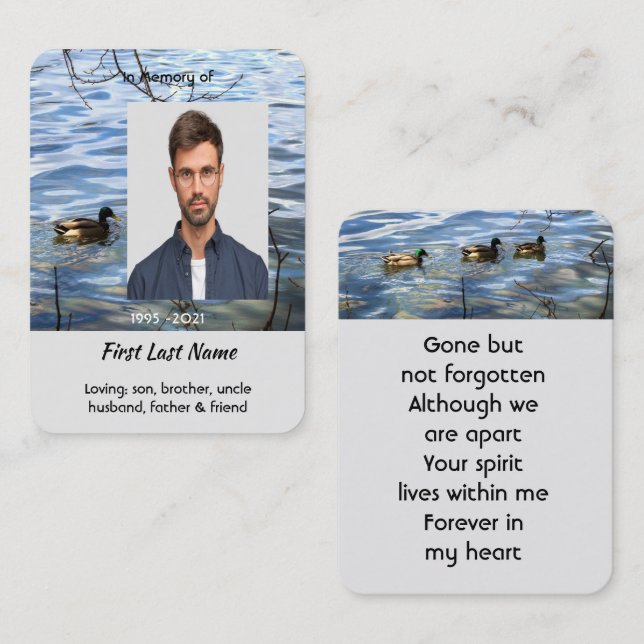 Prayer Card Memorial Keepsake Lake Ducks Birds (Front/Back)