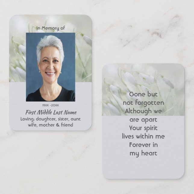 Prayer Card Memorial Keepsake  Snowdrop Flowers (Front/Back)