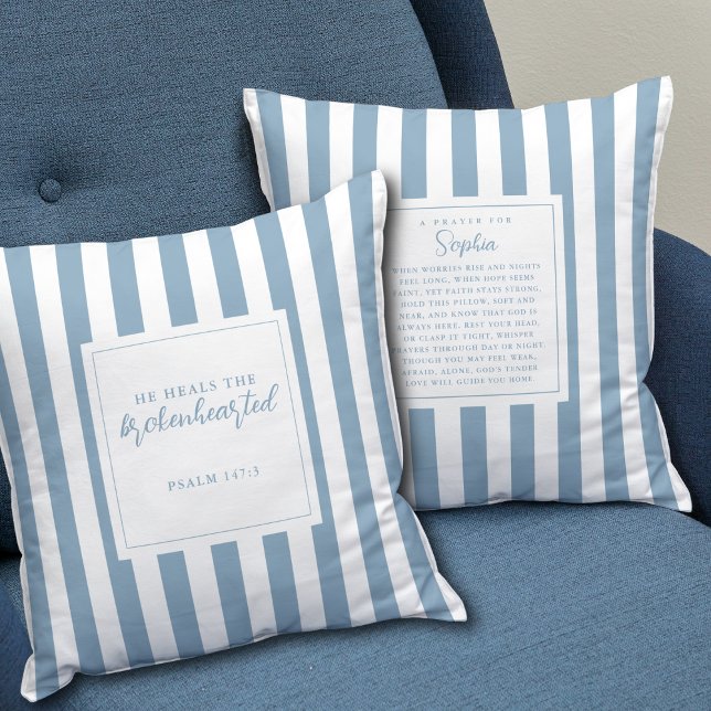 Prayer Faith Gift Psalm 147:3 Keepsake Name Blue  Throw Pillow (Customize with a name to create a meaningful keepsake that reminds them they are never alone.)