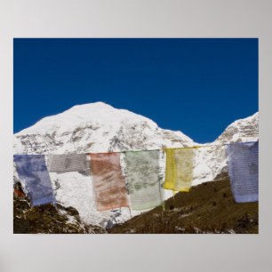 Prayer flags and Mount Jhomolhari, Bhutan. Poster